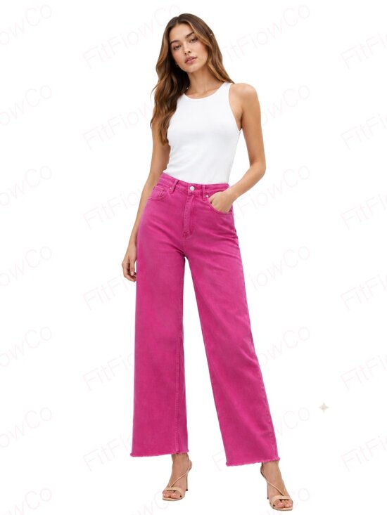 Zara Denim - ZARA Hot Pink High Rise Wide Leg Jeans Raw Hem Barbiecore Size 2